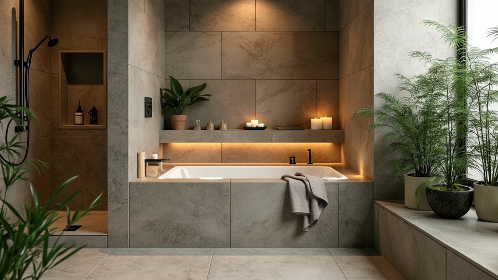 A serene bathroom with natural stone tiles, rainfall showerhead, plants, and warm lighting for relaxation.