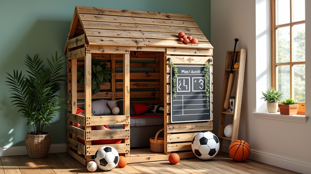 A colorful sports-themed playhouse made from pallets, decorated with various sports memorabilia and equipment.