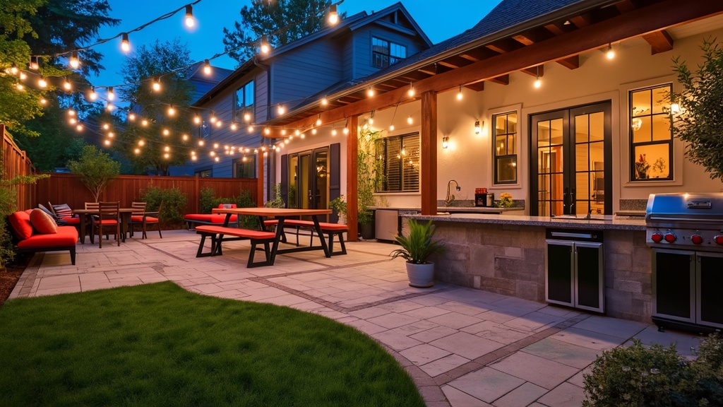 Backyard patio with games, seating, grill, and bright lights for entertaining friends and lively gatherings.