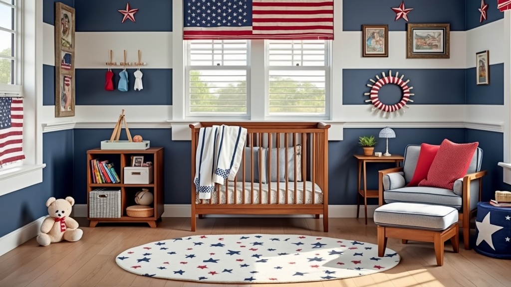 Children's room design with navy stripes, wooden crib, nautical bedding, multi-level shelves, and star rug.