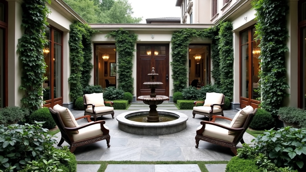 Victorian-style patio with granite slabs, lush greenery, muted furnishings, ornate fountain, and hedges.