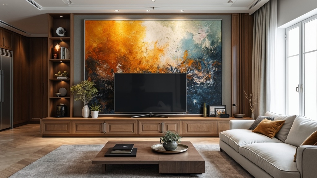 A stylish living room with a TV surrounded by a large abstract art piece, enhancing the space's decor.
