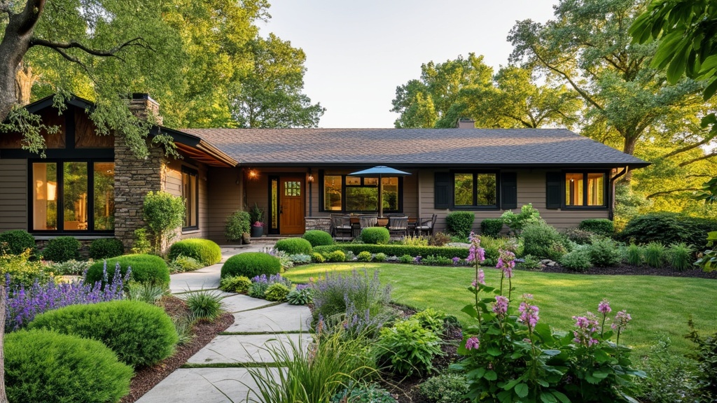 Renovated ranch house garden with geometric shrubs, colorful perennials, pathways, and focal points.