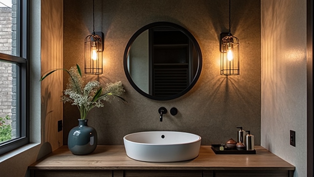 Bold pendant lighting and unique sconces enhance a small bathroom's aesthetic and ambiance.