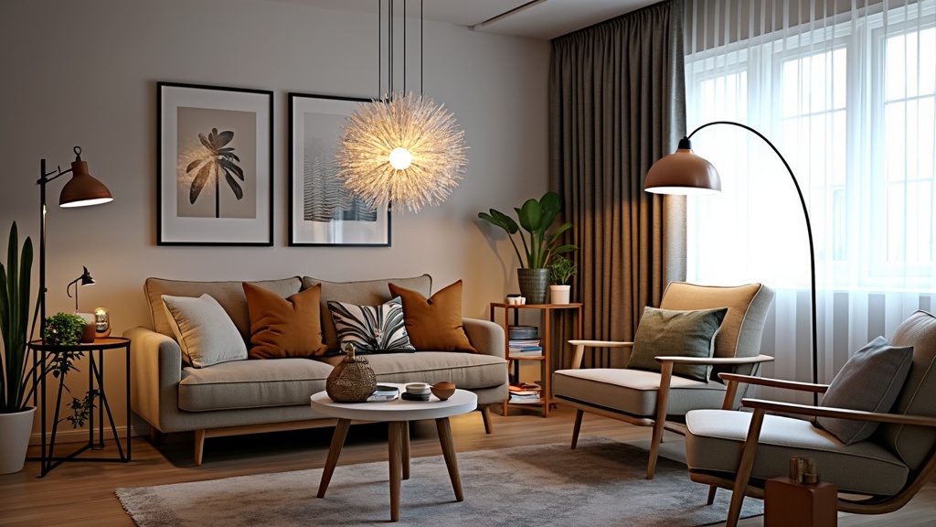 Unique lighting fixtures in a small living room enhance decor, create ambiance, and showcase personality.