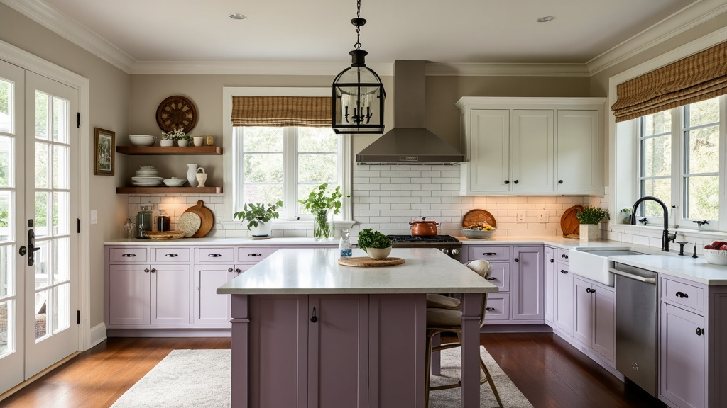Serene kitchen with pale lavender cabinetry, white accents, oversized island, and cozy nook seating.