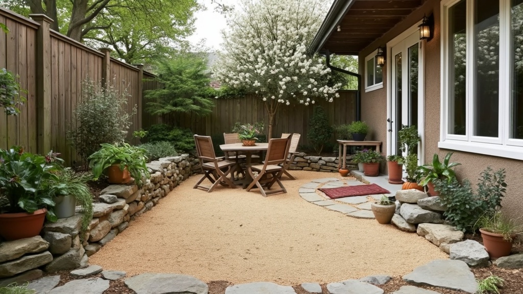 A rustic stone dust patio that offers a natural look and excellent drainage for garden-like ambiance.