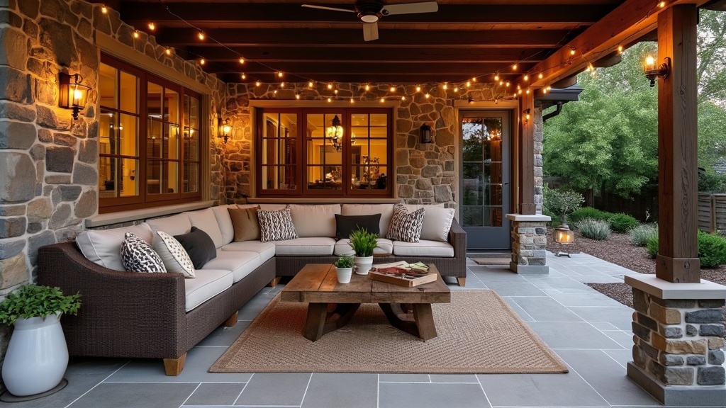 Rustic patio with stone flooring, wooden beams, cozy seating, reclaimed wood table, and string lights.