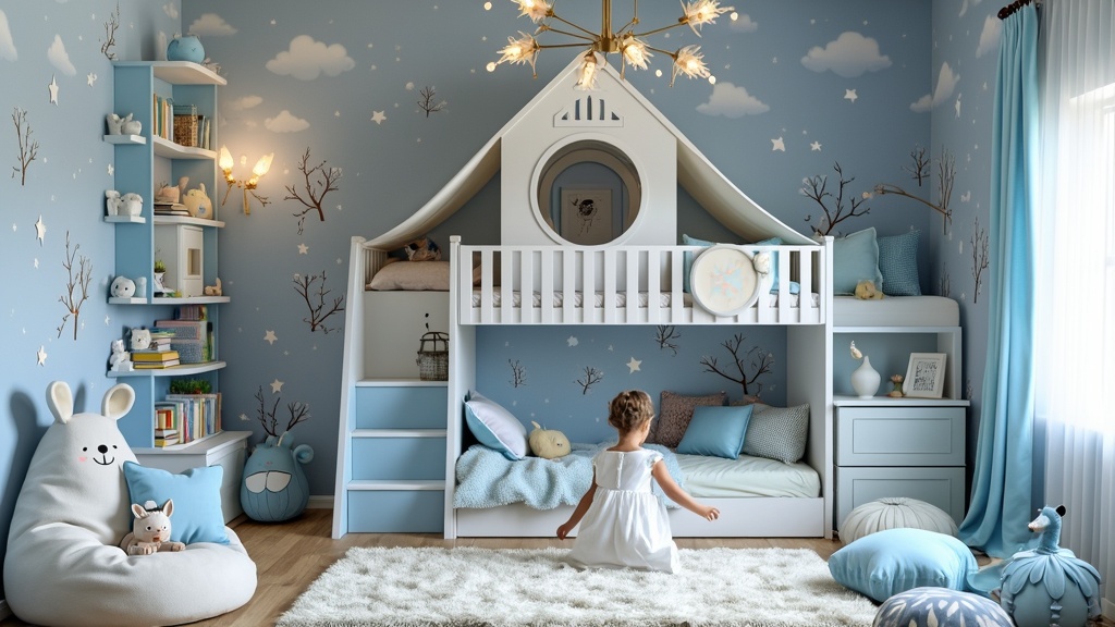 Children's room designed as a storybook wonderland with soft blues, whimsical decals, and cozy textiles.