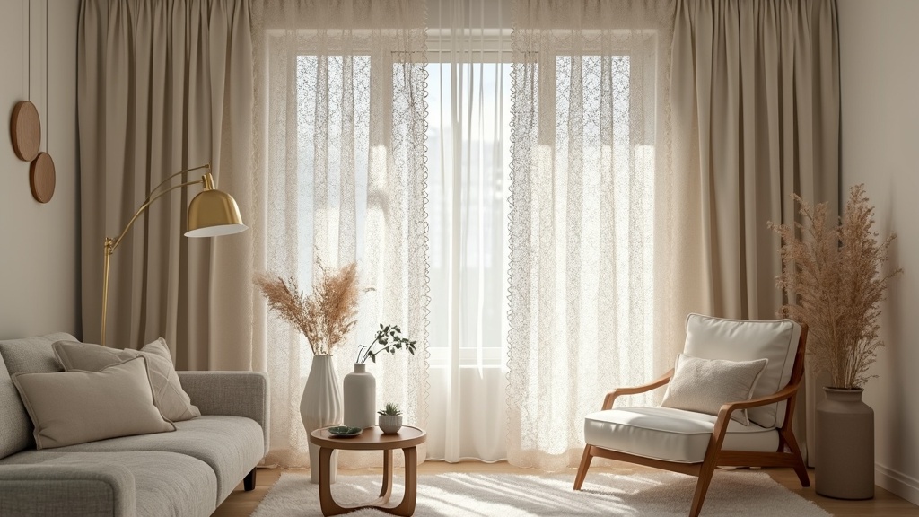Neutral crochet curtains with subtle patterns create an elegant, minimalist living space, enhancing tranquility.