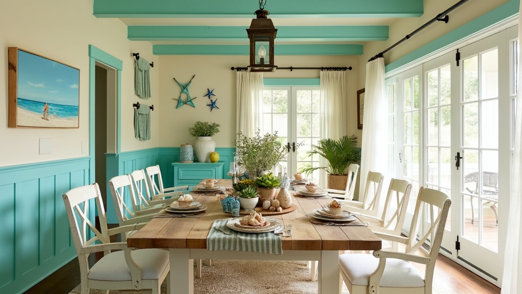 Bright coastal dining room with reclaimed teak table, white chairs, seashell centerpieces, and sunlit decor.