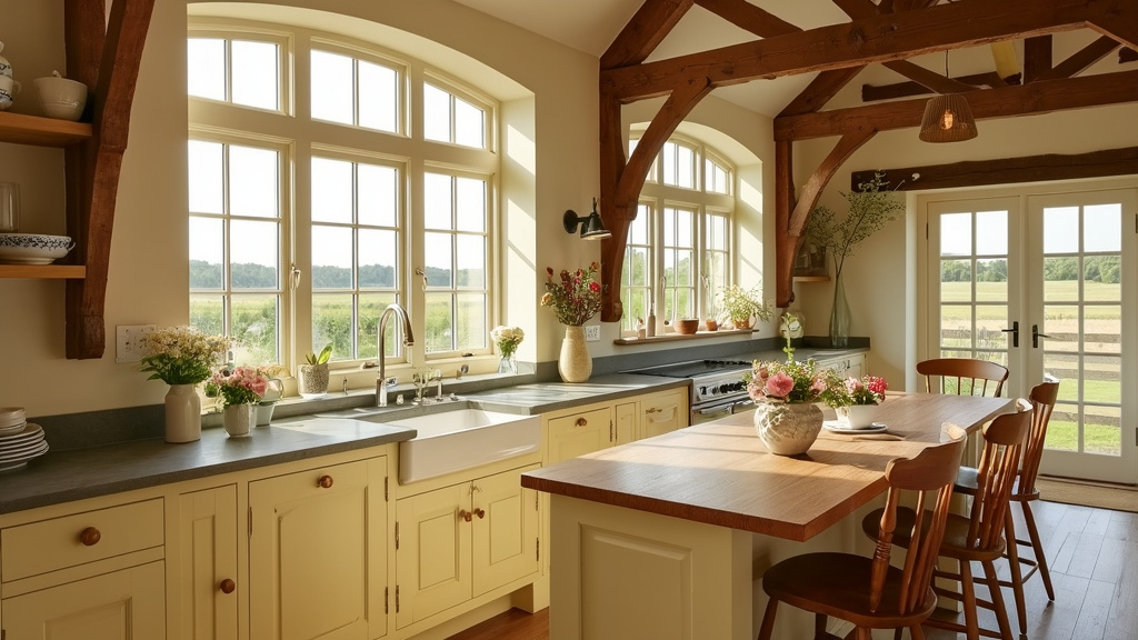Bright kitchen with large windows, rustic cabinetry, floral decor, wooden beams, and hardwood flooring.
