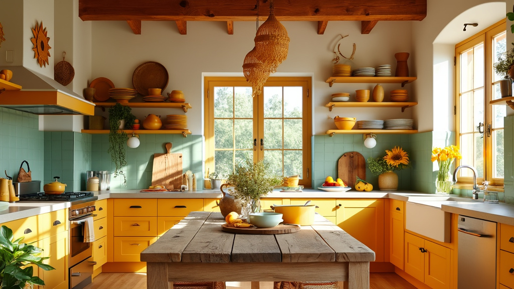 Bright kitchen with large windows, rustic wooden table, vibrant ceramics, and sunny summer-inspired decor.