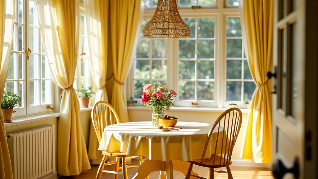 Bright Shabby Chic dining room with sunny yellows, round table, fresh flowers, and light curtains.