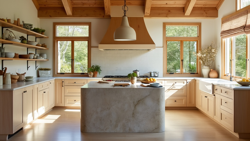 Bright kitchen with large windows, light wood cabinetry, stone island, and ceramic accents for a cozy vibe.