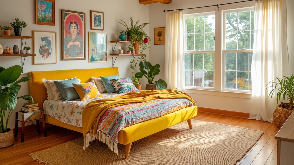 Bright and airy bedroom with yellow upholstered bed, colorful cushions, artwork, and large windows.