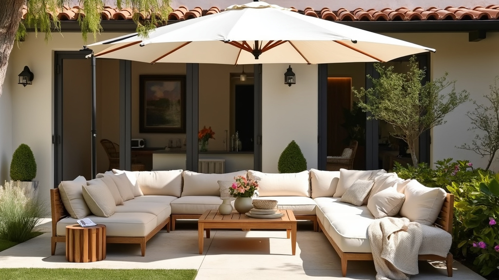 Patio with pale cream sofa, oversized umbrella, textured blankets, cushions, and a vase of flowers.
