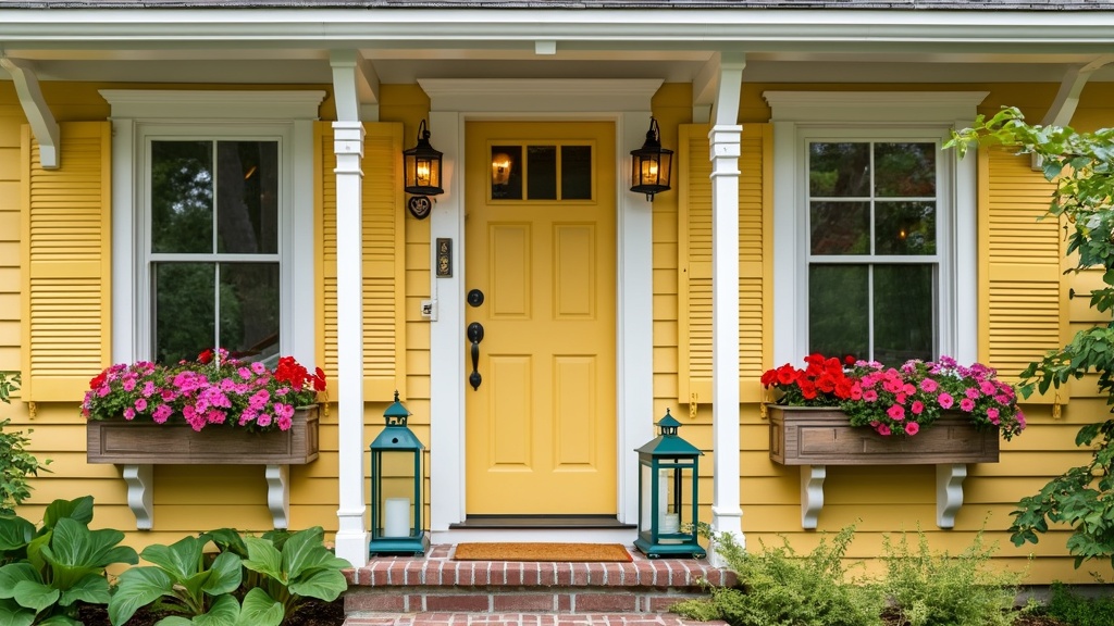 A sunny cottage with bright yellow exterior, white trim, flower boxes, and vintage lanterns for charm.
