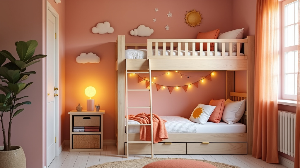 Cozy children's room design with pastel sunset colors, loft bed, cloud decor, and twinkling stars.