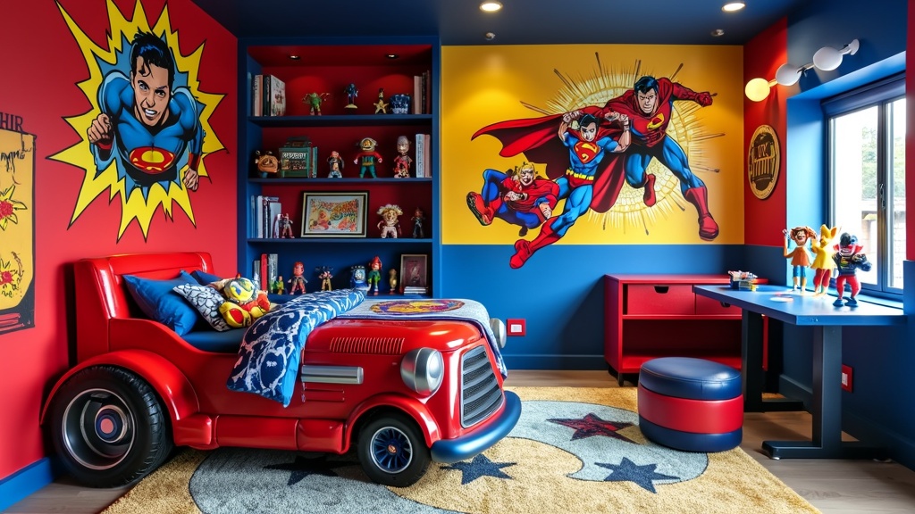 Dynamic children's superhero room with bold colors, comic art, murals, vehicle bed, and action figure shelves.
