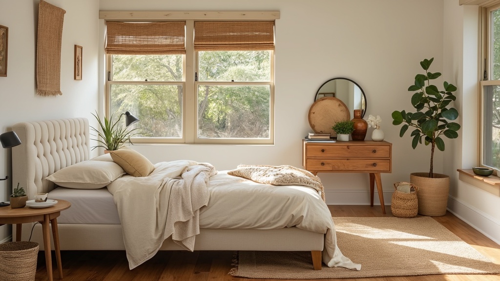 Sustainability focused bedroom with cream and white design, reclaimed wood furniture, and natural decor.