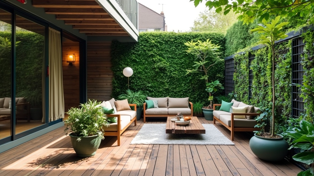 Sustainable patio with composite decking, green walls, recycled furniture, herbs, native plants, and solar lights.
