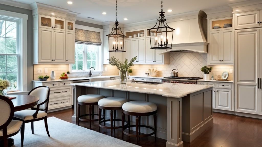 Transitional kitchen with symmetrical layout, white cabinetry, marbled countertops, and elegant island lighting.