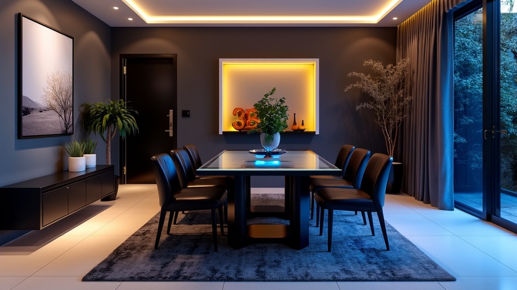 Modern tech-infused dining room with a wireless charging table, leather chairs, smart lighting, and art.