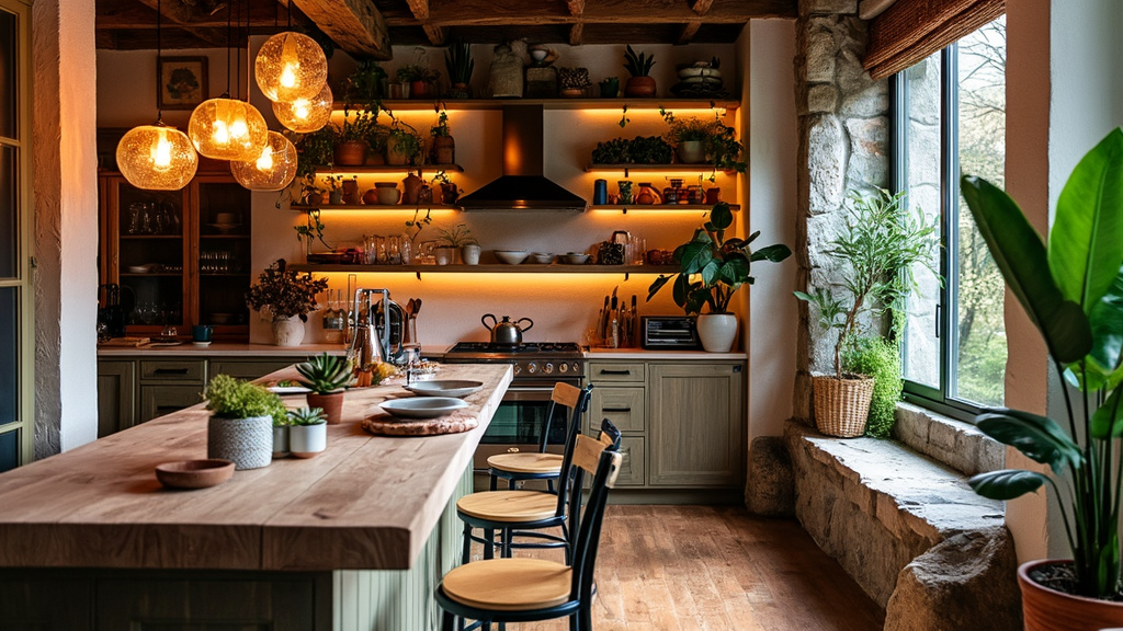 Stylish kitchen with wood, glass, ceramics, pendant lights, and plants, embodying Bohemian charm.