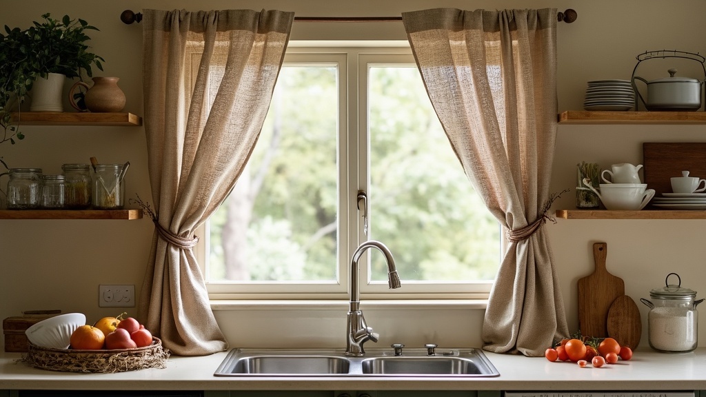 Textured fabric curtains in earthy tones over a kitchen sink, creating warmth and rustic charm.