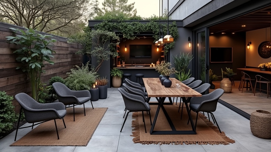 Textured industrial patio with mixed materials, warm neutrals, solid wood furniture, and ambient lighting.