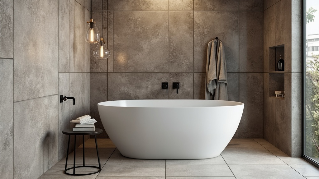 Textured wall tiles and patterned flooring enhance depth in a stylish, spacious small bathroom design.