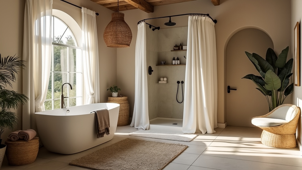 Serene bathroom retreat with soft linens, woven baskets, vintage tiles, and a vintage-inspired shower.