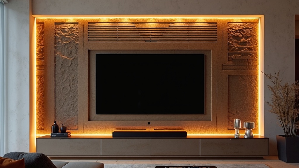 Textured wall panels frame a television, enhancing decor with depth, color, and accent lighting.