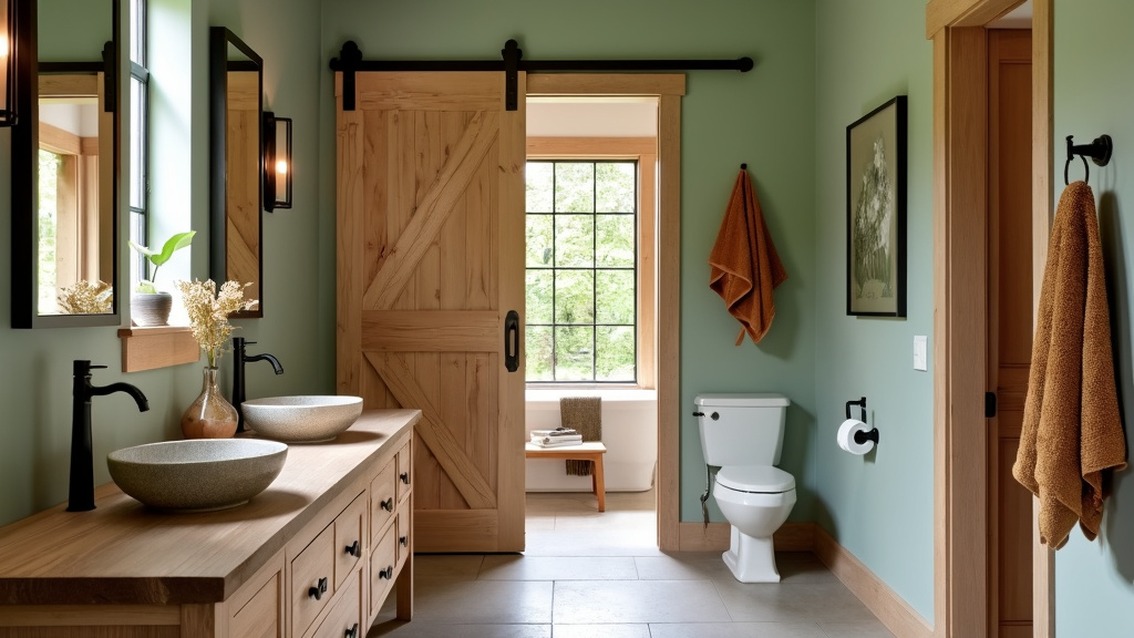 Rustic bathroom design with sliding barn door, sage green walls, double vanity, and earthy toned towels.