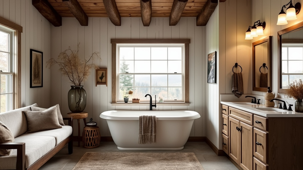 Cozy farmhouse bathroom with deep brown cabinetry, whitewashed walls, rustic beams, and a soaking tub.