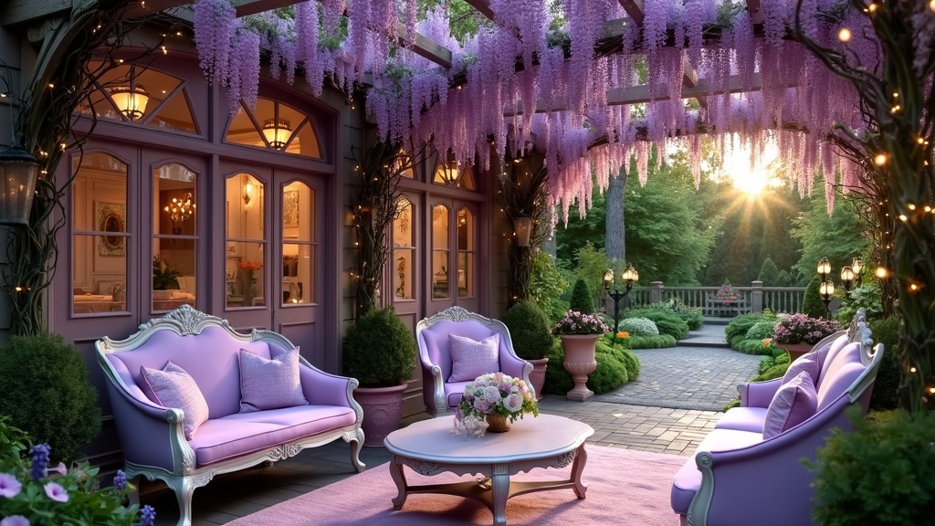 Victorian-style patio with wisteria arbor, ornate seating, and fairy lights, perfect for intimate gatherings.