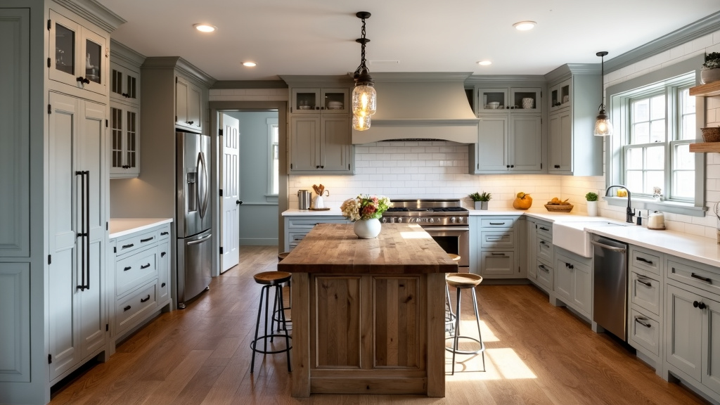 Cozy farmhouse kitchen with gray cabinets, shiplap walls, farmhouse table, and rustic mason jar lighting.