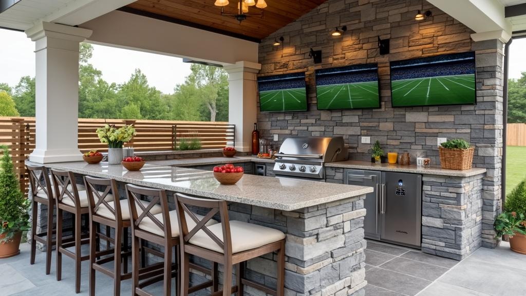 Grill island for sports fans with built-in grill, mini-fridge, ice maker, and outdoor TVs nearby.