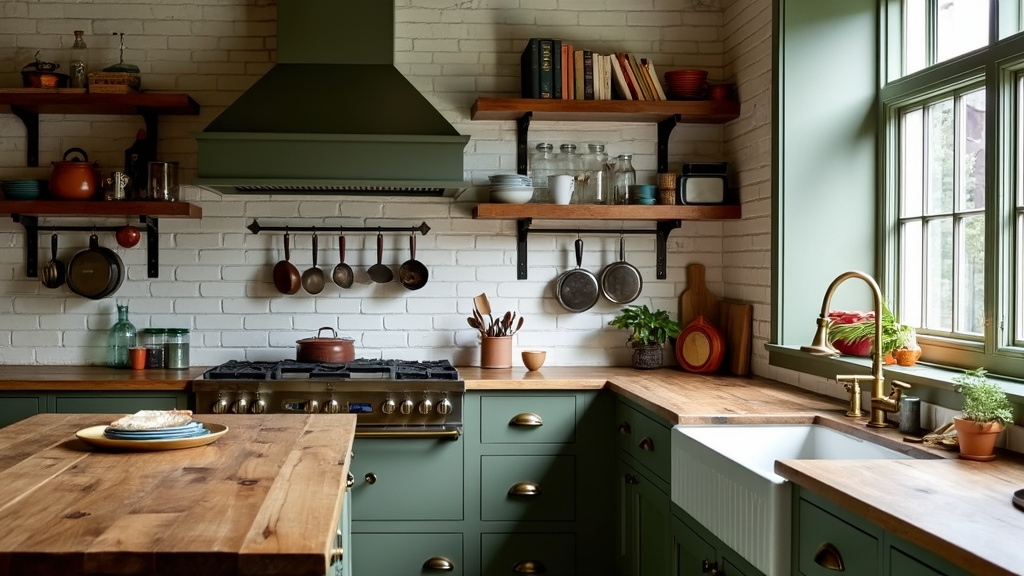 Vintage workshop kitchen featuring muted greens, warm wood accents, brass fixtures, and a farmhouse sink.