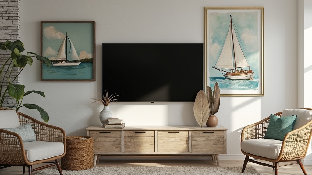 A stylish TV wall decor featuring coastal elements like sailboat art, light colors, and driftwood.