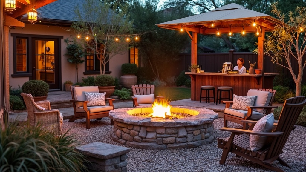 Themed fire pit area with driftwood seating, shells, and coastal decor creating a beach vibe.