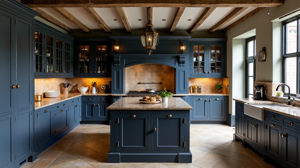 Traditional English kitchen with navy cabinetry, wooden accents, stone countertop, and AGA stove.