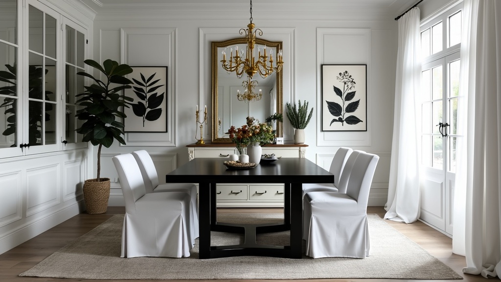 A black and white dining room with a sleek black table, white slipcovered chairs, and gold accents.