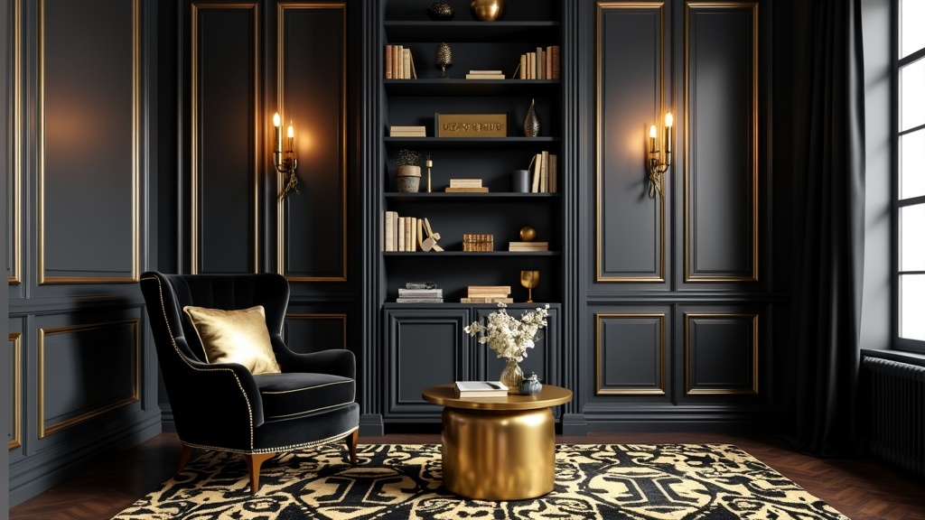 Art Deco reading nook with black velvet armchair, gold accents, dark wood bookshelf, and glam rug.