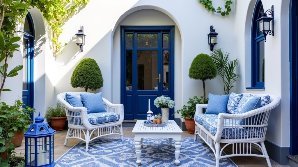 Victorian patio with blue and white hues, porcelain accents, wicker furniture, and nostalgic lanterns.