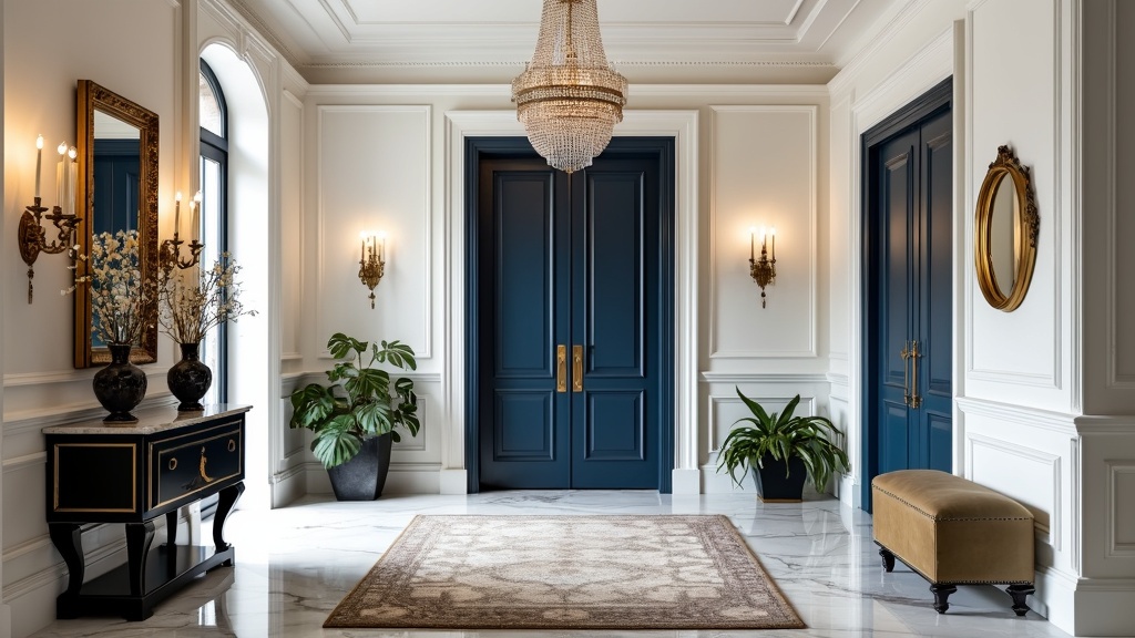 Elegant entryway with marble flooring, navy gold accents, console table, chandelier, and floral decor.