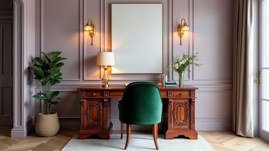 A Victorian-style desk in rich mahogany with carvings, paired with an emerald green chair and pastel decor.