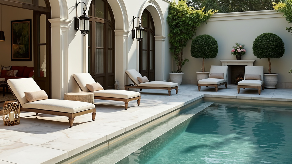 Sophisticated pool area with white marble tiles, elegant lounge chairs, topiary, and lanterns.