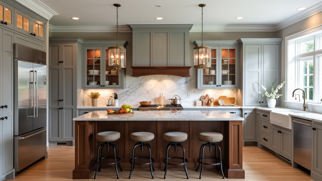 A modern kitchen with a mahogany island, dove gray cabinetry, stainless steel appliances, and cozy seating.